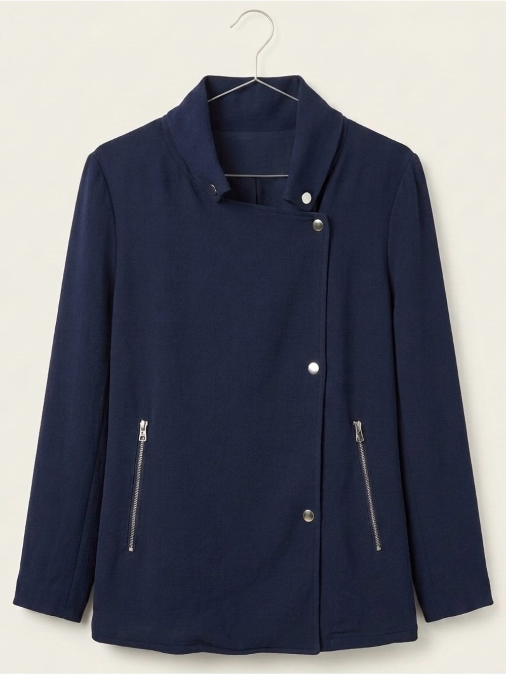 Joan Vass Navy Asymmetric Snap-Front Light Jacket w/ silver accents
